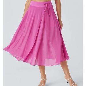 High Waisted Drawstring Contrast Mesh 2 in 1 Pocket Flowy MIDI Flare Skirt